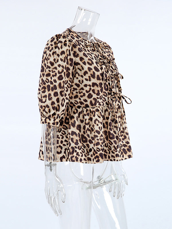 Half Sleeves Loose Elasticity Leopard Pleated Split-Joint Tied Round-Neck Blouses&Shirts Tops