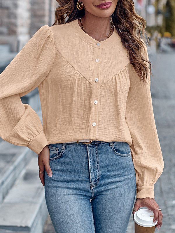 Long Sleeves Loose Buttoned Pleated Split-Joint Round-Neck Blouses&Shirts Tops