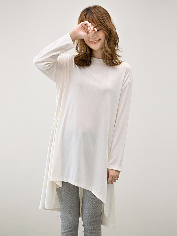 Casual High-Low Long Sleeves Solid Color Round-Neck T-Shirts Tops