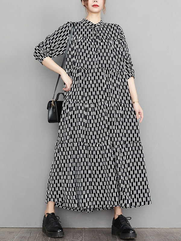 Casual Long Sleeves Loose Buttoned Contrast Color Printed Split-Joint Stand Collar Midi Dresses