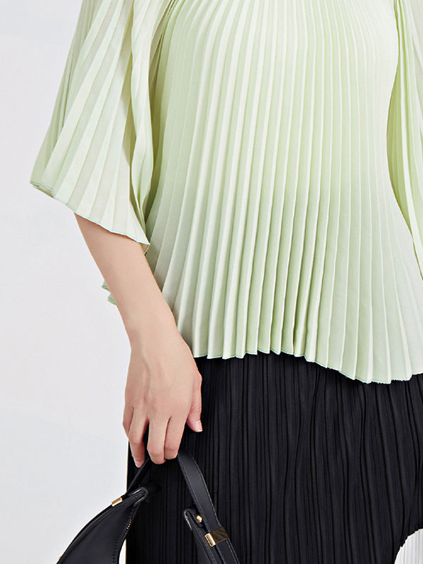 Batwing Sleeves Loose Pleated Solid Color Round-Neck T-Shirts Tops