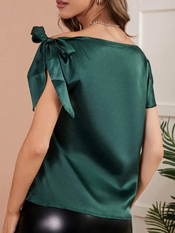 Loose Sleeveless Bowknot Solid Color One-shoulder T-Shirts Tops