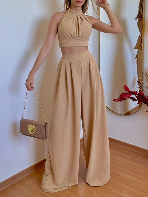 Solid Color Pleated Split-Joint Backless High Neck Vest + High Waisted Loose Pants Trousers Two Pieces Set