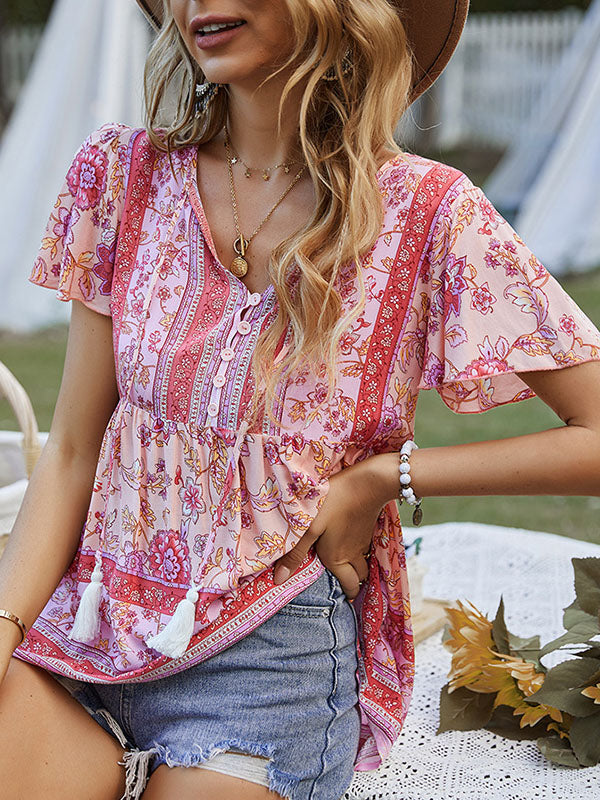 Loose Short Sleeves Buttoned Flower Print Split-Joint Tasseled Tied V-Neck T-Shirts Tops