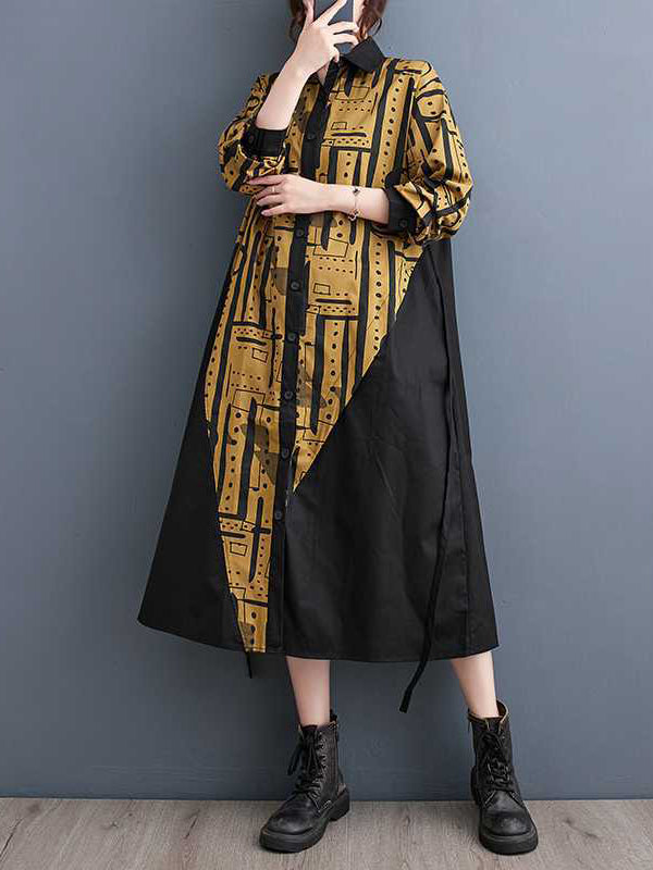 A-Line Long Sleeves Asymmetric Contrast Color Printed Warp Knitting Lapel Midi Dresses Shirt Dress