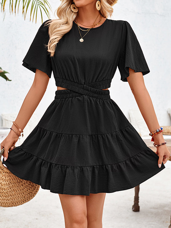 A-Line Flared Sleeves Elasticity Hollow Pleated Solid Color Split-Joint Round-Neck Mini Dresses