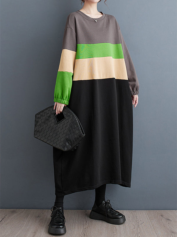 A-Line Long Sleeves Contrast Color Elasticity Split-Joint Round-Neck Midi Dresses