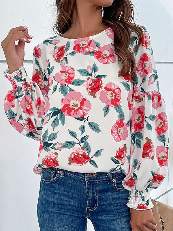 Long Sleeves Loose Elasticity Flower Print Round-Neck Blouses&Shirts Tops