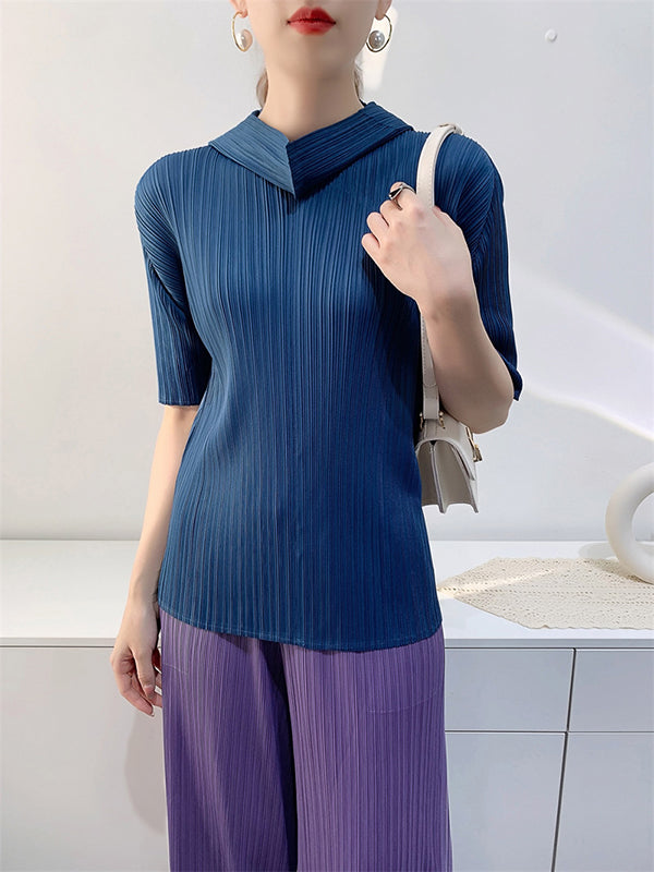 Half Sleeves Hooded Pleated Solid Color Mock Neck T-Shirts Tops