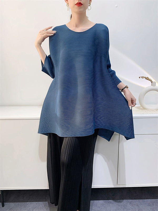 High-Low Loose Pleated Solid Color Split-Side Round-Neck T-Shirts Tops