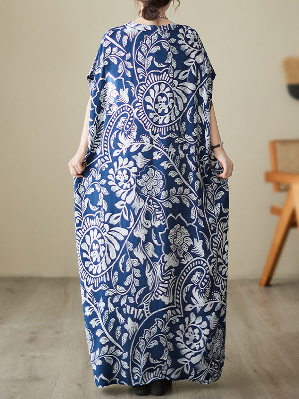 Loose Short Sleeves Printed V-Neck Maxi Dresses