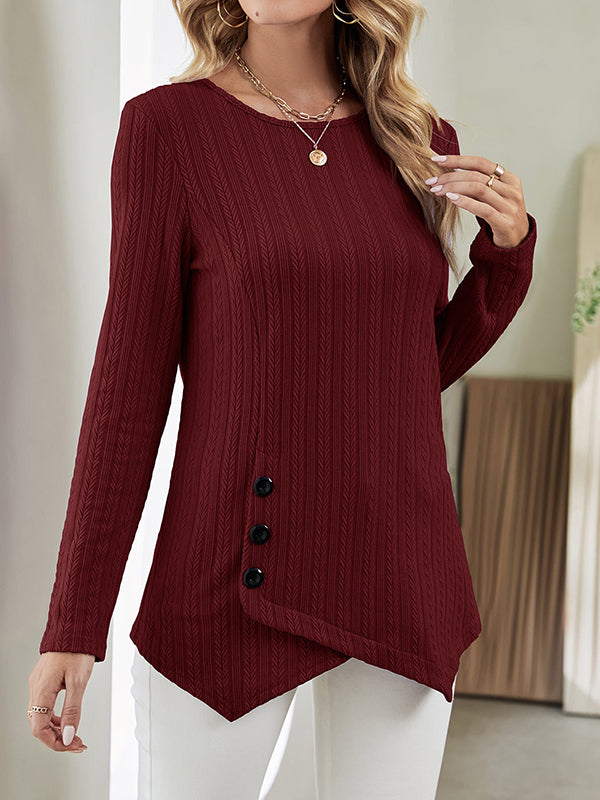 Long Sleeves Loose Asymmetric Buttoned Round-Neck T-Shirts Tops