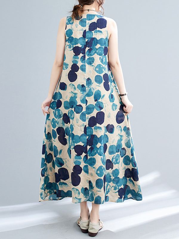 Loose Sleeveless Polka-Dot Round-Neck Maxi Dresses