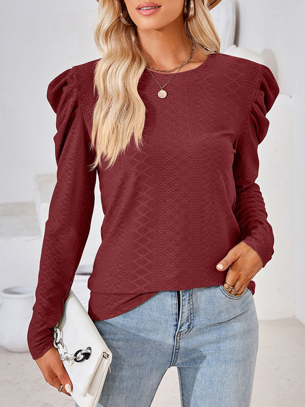 Long Sleeves Loose Pleated Solid Color Round-Neck T-Shirts Tops