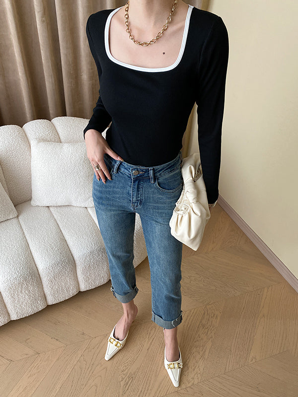 Long Sleeves Skinny Contrast Color Square-Neck T-Shirts Tops