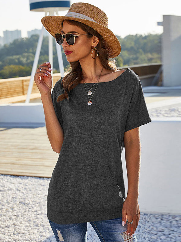 Simple Short Sleeves Loose Solid Color One-Shoulder T-Shirts Tops