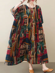 Vintage Loose Abstract Printed Pleated Round-Neck Half Sleeves Midi Dress