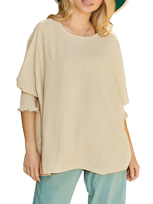 Half Sleeves Loose Elasticity Solid Color Split-Joint Round-Neck T-Shirts Tops