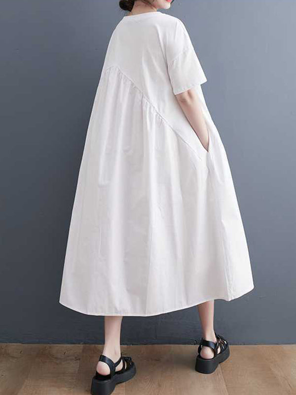 A-Line Loose Asymmetric Pockets Polka-Dot Split-Joint Round-Neck Midi Dresses