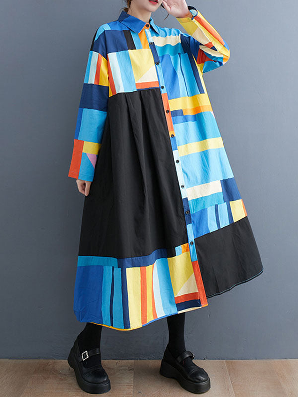 Long Sleeves Loose Color-Block Printed Split-Joint Lapel Midi Dresses