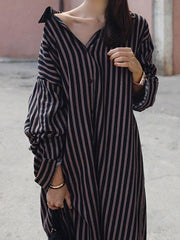 Loose Striped Lapel Split-joint Blouse Dress