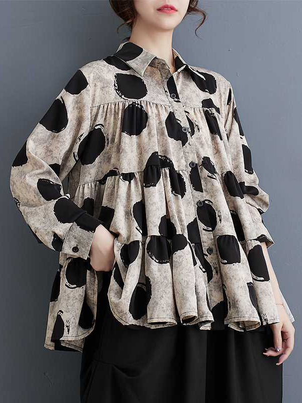 Long Sleeves Loose Pleated Polka-Dot Split-Joint Lapel Blouses