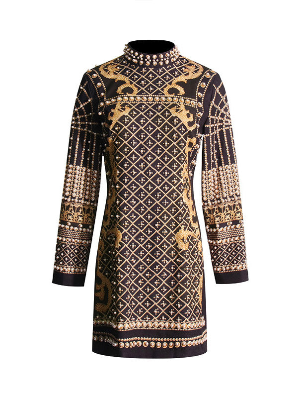 Long Sleeves Beaded High Neck Mini Dresses