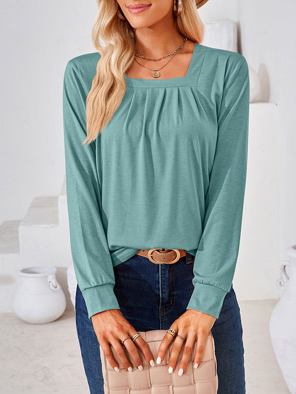 Long Sleeves Loose Pleated Solid Color Square-Neck T-Shirts Tops