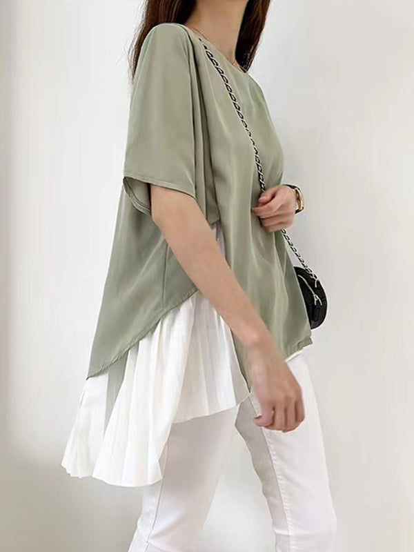 High-Low Loose Pleated Split-Joint Round-Neck T-Shirts Tops