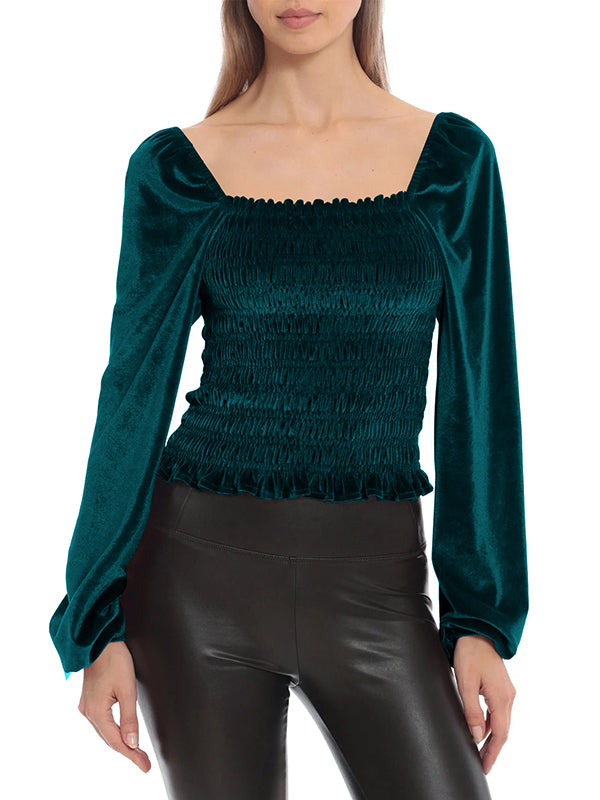 Long Sleeves Loose Elasticity Solid Color Velvet Square-Neck T-Shirts Tops