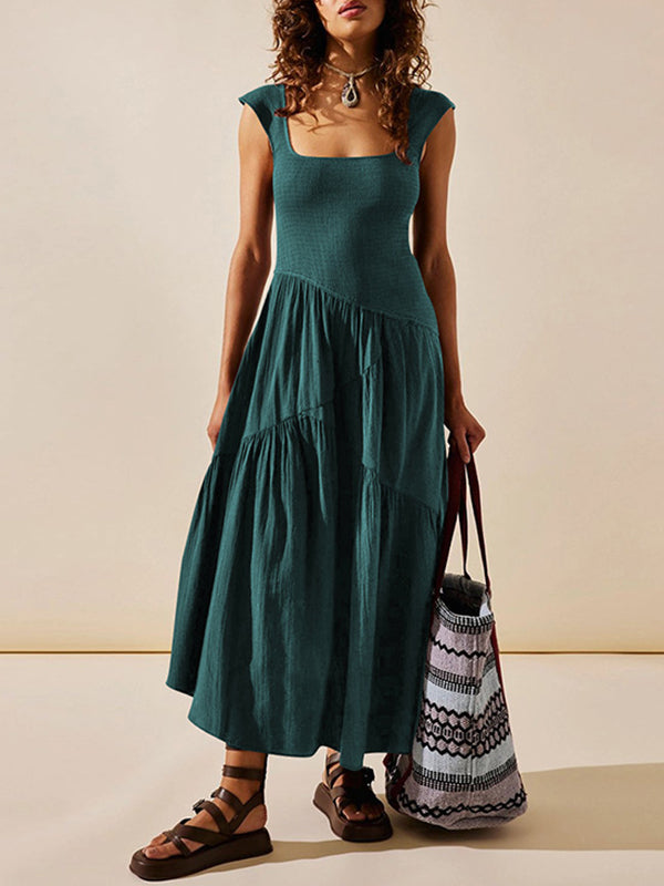 Loose Sleeveless Backless Elasticity Lace-Up Pleated Solid Color Split-Joint Square-Neck Maxi Dresses