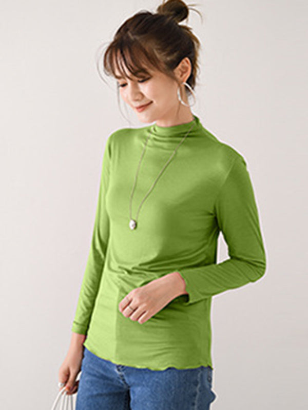 10 Colors Simple Solid Color Long Sleeves High-Neck T-Shirt Top