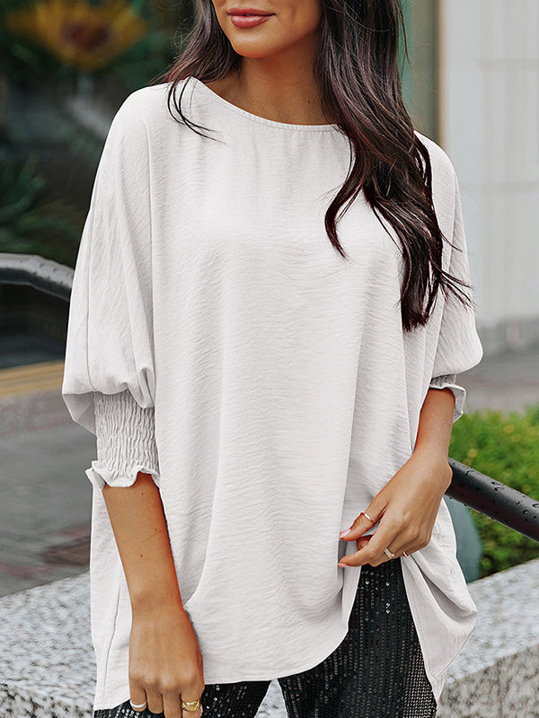 Half Sleeves Loose Elasticity Solid Color Split-Joint Round-Neck T-Shirts Tops