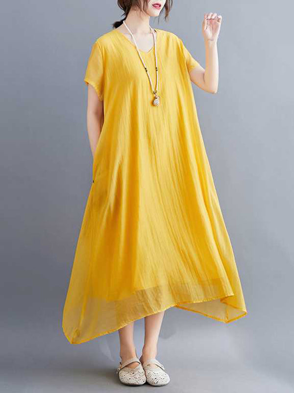 A-Line Loose Solid Color V-Neck Midi Dresses