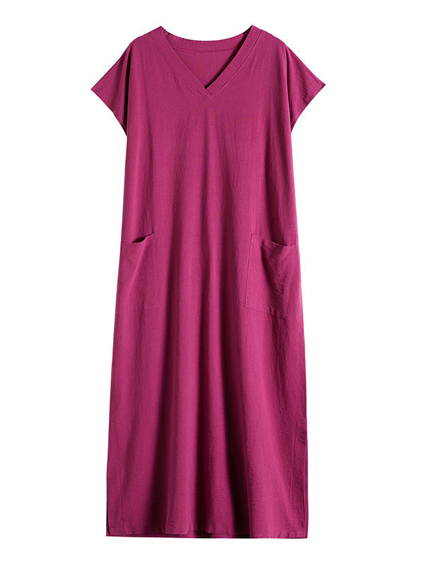 Simple Ramie Cotton Solid Color Split-Side With Pocket V-Neck Short Sleeves Maxi Dress