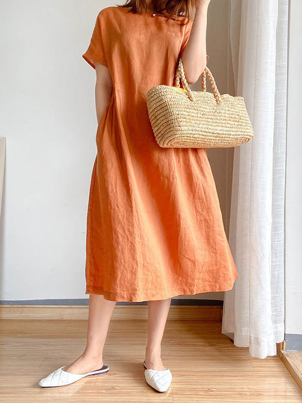 Casual Loose Solid Color Round-Neck Midi Dresses