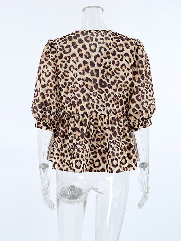 Half Sleeves Loose Elasticity Leopard Pleated Split-Joint Tied Round-Neck Blouses&Shirts Tops