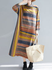 A-Line Long Sleeves Asymmetric Striped High Neck Midi Dresses