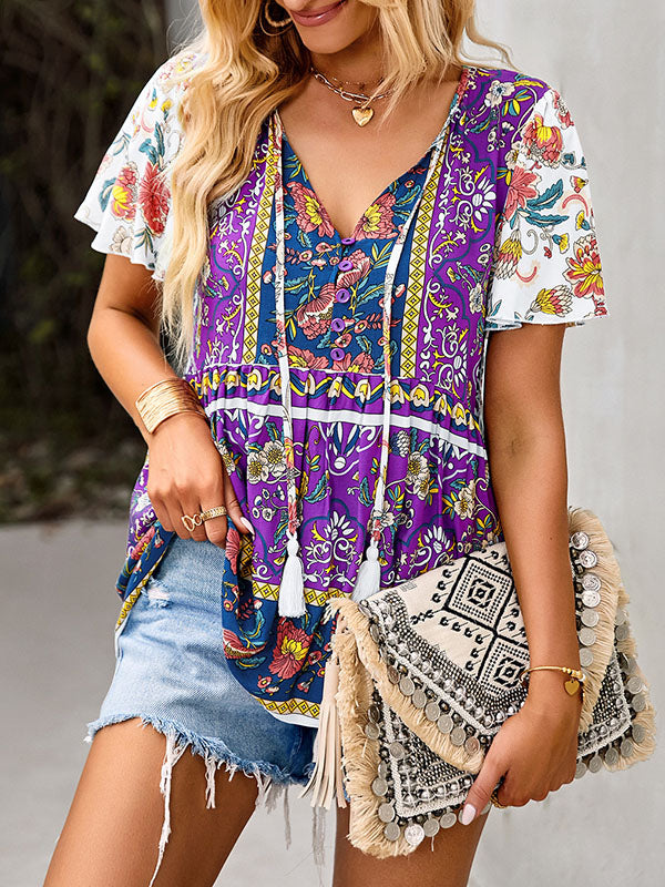 Loose Short Sleeves Buttoned Flower Print Split-Joint Tasseled Tied V-Neck T-Shirts Tops