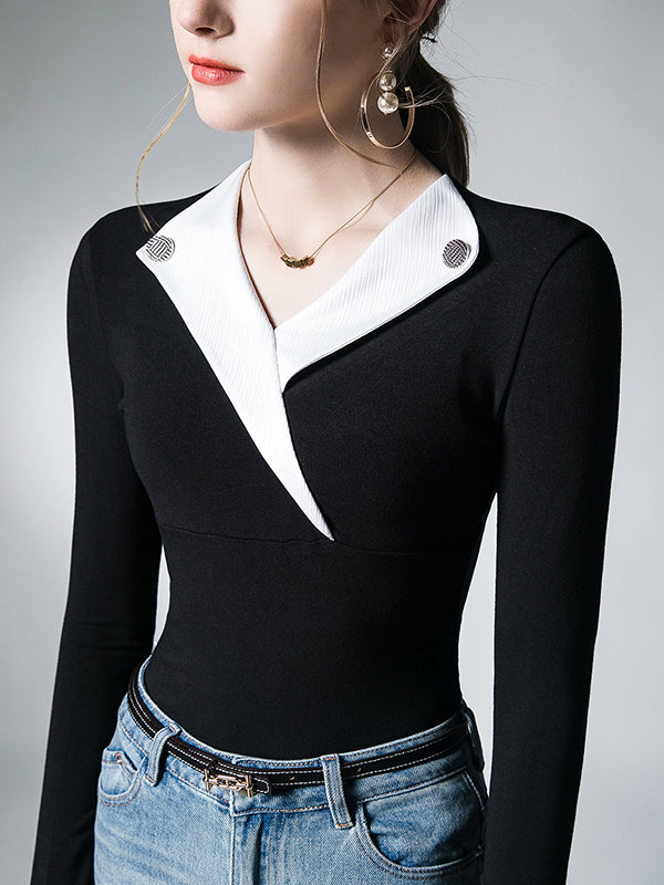 Long Sleeves Skinny Asymmetric Buttoned V-Neck T-Shirts Tops