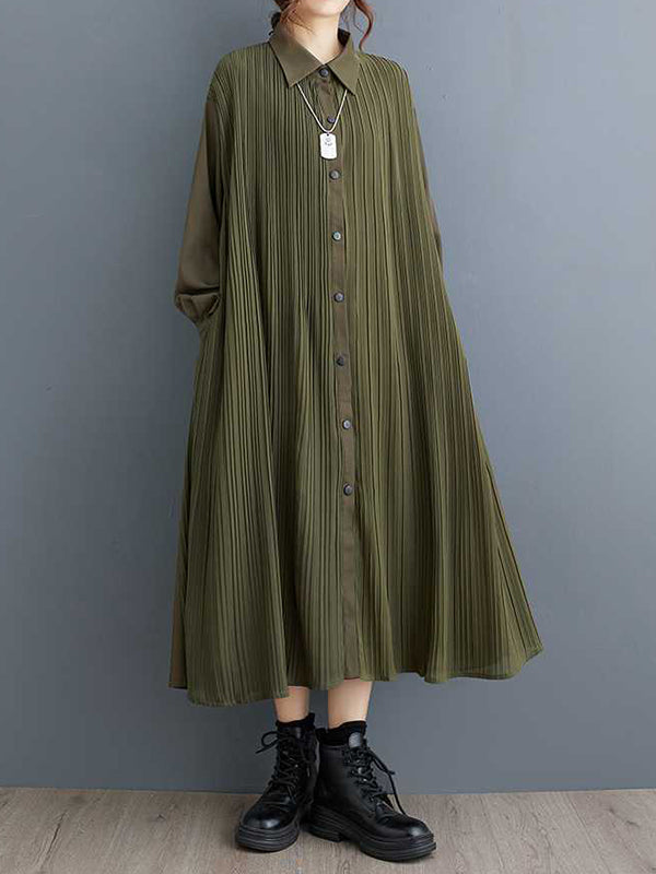 A-Line Long Sleeves Buttoned Pleated Pockets Split-Joint Lapel Midi Dresses Shirt Dress