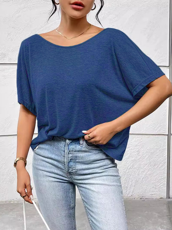 Batwing Sleeves Loose Backless Pleated Solid Color Split-Joint Round-Neck T-Shirts Tops