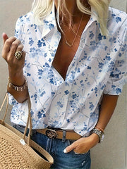 Long Sleeves Loose Flower Print Split-Joint Lapel Blouses&Shirts Tops