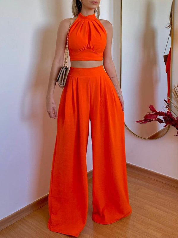 Solid Color Pleated Split-Joint Backless High Neck Vest + High Waisted Loose Pants Trousers Two Pieces Set