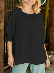 Half Sleeves Loose Elasticity Solid Color Split-Joint Round-Neck T-Shirts Tops