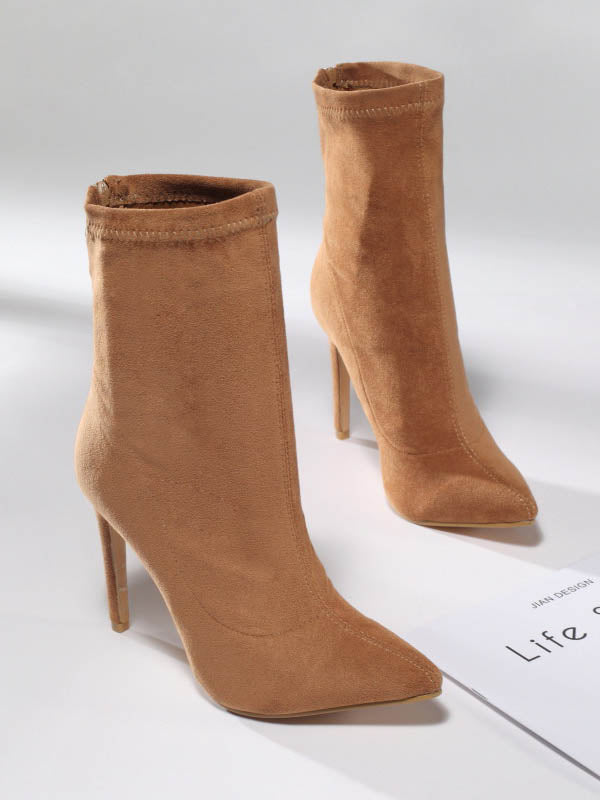 Pointed-Toe Solid Color Split-Joint Boots Pumps