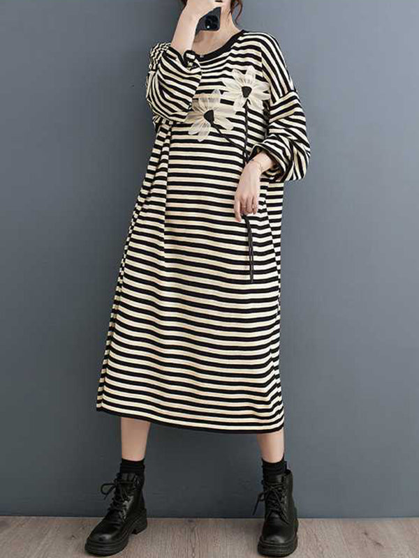 A-Line Long Sleeves Contrast Color Flower Print Keep Warm Striped Round-Neck Midi Dresses