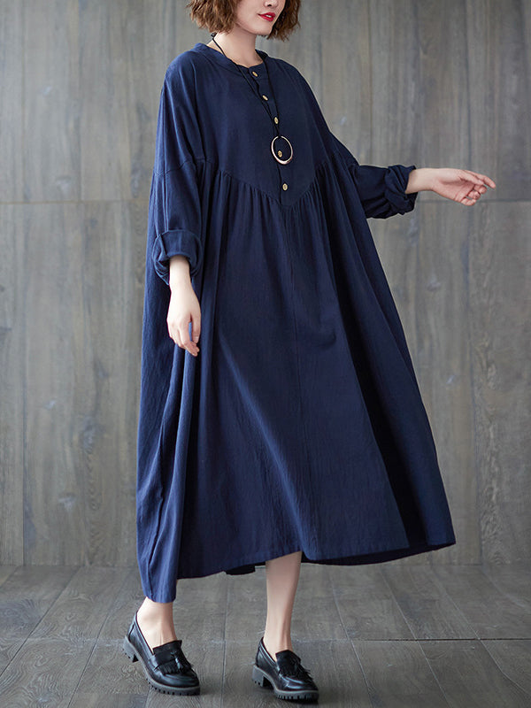 Loose Puff Sleeves Pleated Solid Color Stand Collar Midi Dresses