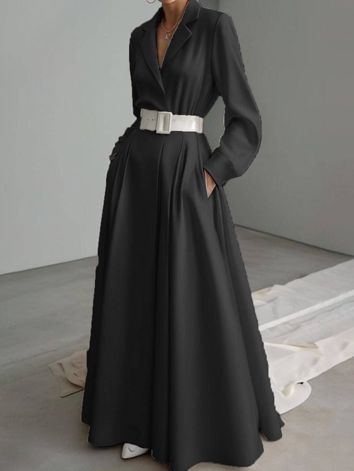 Elegant Notch Lapel Slant Pocket Belt Long Sleeve Maxi Dress