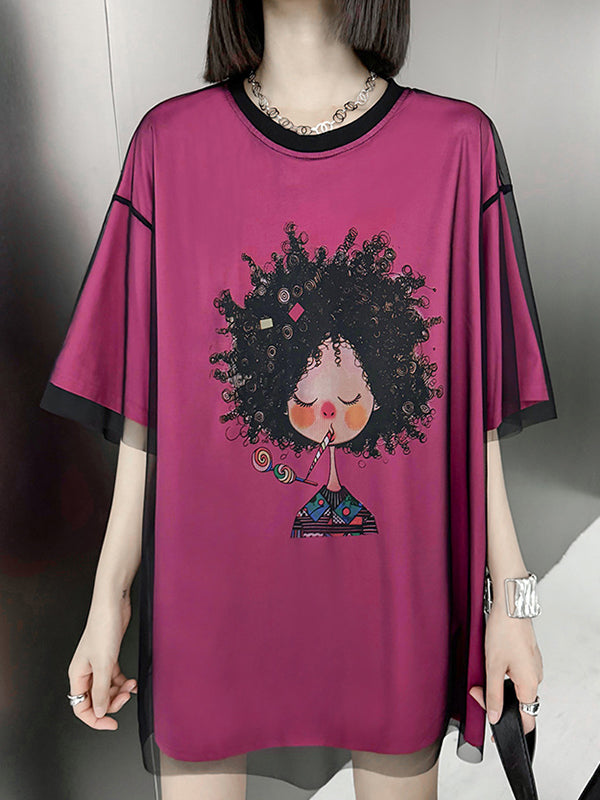 False Two Loose Gauze Printed Split-Joint Tiered Round-Neck T-Shirts Tops